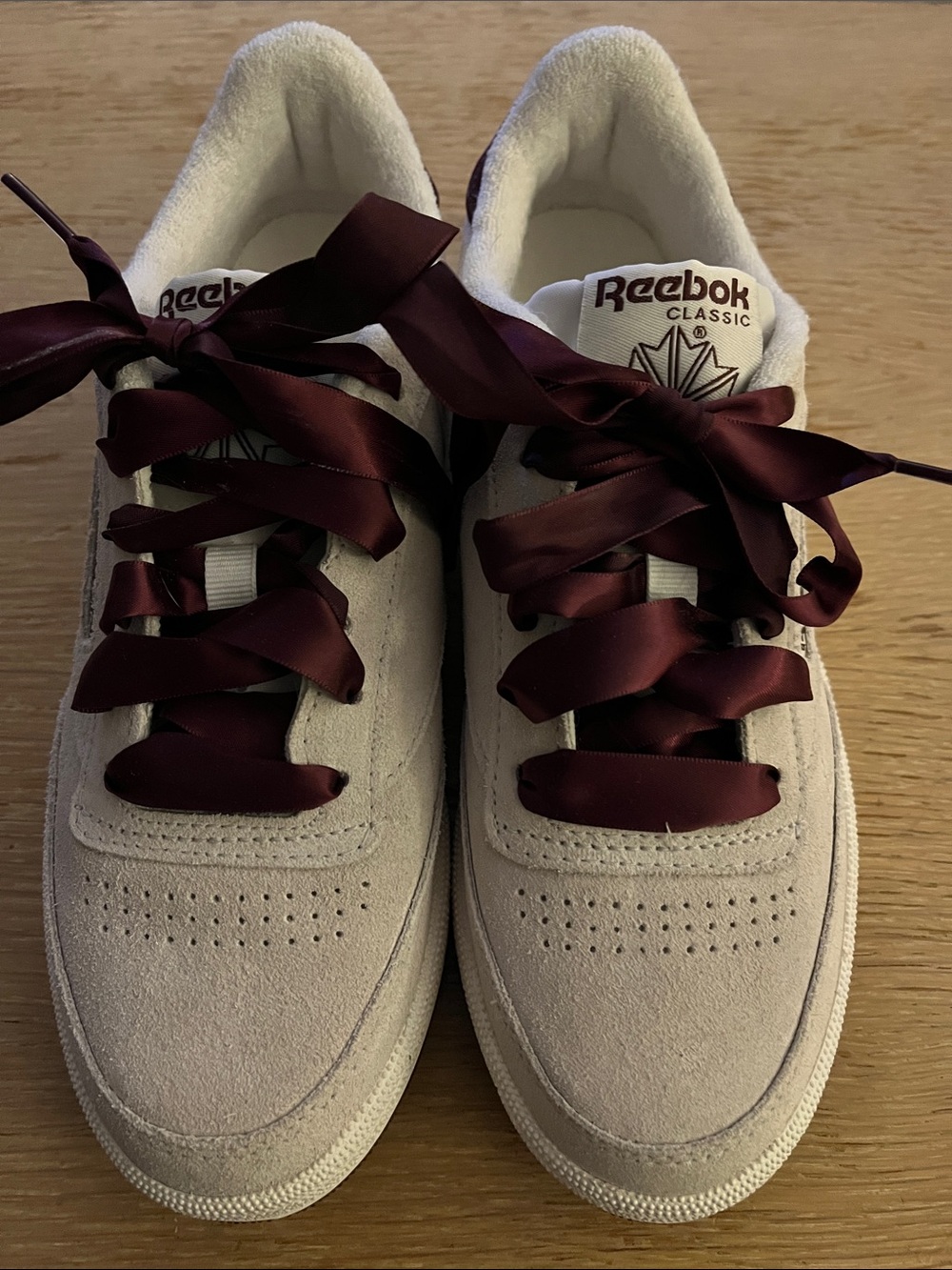 Reebok Women's Club C 85 Suede Sneakers in Cream with Maroon Ribbon Laces